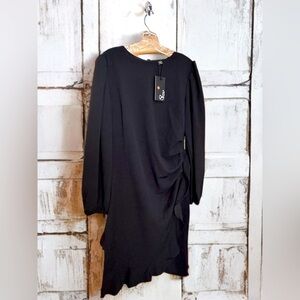 NWT WOMEN’S LANTERN LONG SLEEVE TULIP HEM RUCHED LEFT SIDE DRESS SIZE XL BLACK